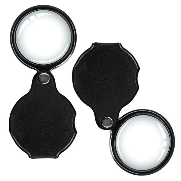 SamHeng 5X Pocket Magnifier, 2 Pack Black Mini Folding Magnifying Glass with Rotating Protective Holster, Handheld Small Eye Loupe for Reading Inspection Jewelry Hobby Crafts Science Class