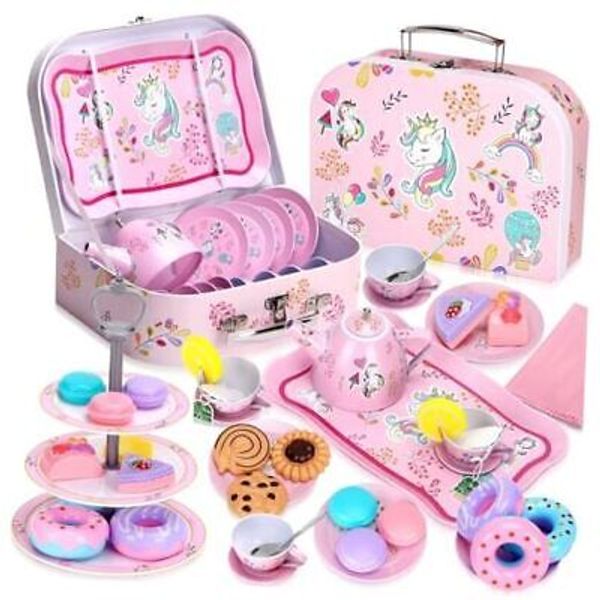 Auney 36 PCS Tea Set Toys for Girls,Tin Tea Party Toy Pretend Play Unicorn Toy