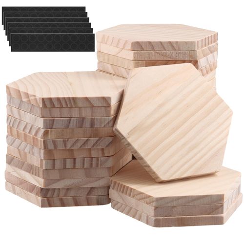 HOIGON 30 PCS Unfinished Wood Coasters, 4 Inch Hexagon Blank Wooden Craft Coaster with Non-Slip Dot Stickers, Wooden Coasters Bulk for Coffee Table, Dining Table, Bar