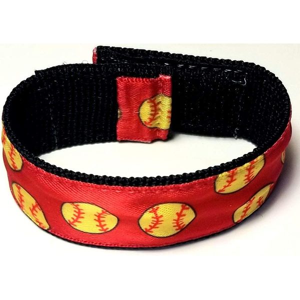 Fastpitch Softball sleeve scrunchies Red with Yellow Softballs (pair) from the ORIGINAL USA inventor, Softball sleeve holders, softball sleeve straps, softball sleeve ties, Softball sleeve scrunch