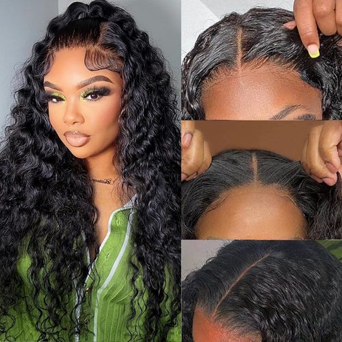 Glueless Wig Deep Wave Lace Front Wig Human Hair 180% Density 4x4 Transparent Lace Closure Wigs for Black Women Wear and Go Lace Front Wigs Glueless Wigs Pre Plucked Natural Colour (18 Inches)