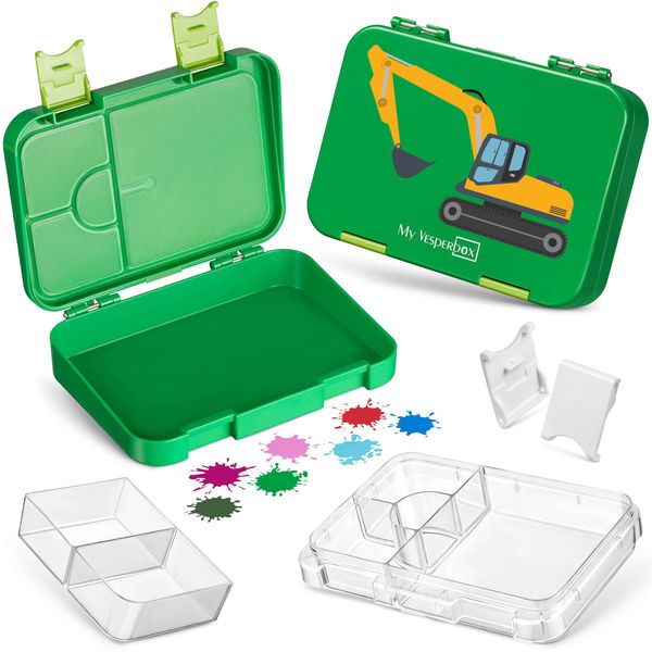 My Vesperbox – Len - Bento Box Kinder - Lunchbox mit 4+2 Fächern - extrem robust – Brotdose – Brotbox ideal für Kindergarten und Schule… (Grün - Bagger)