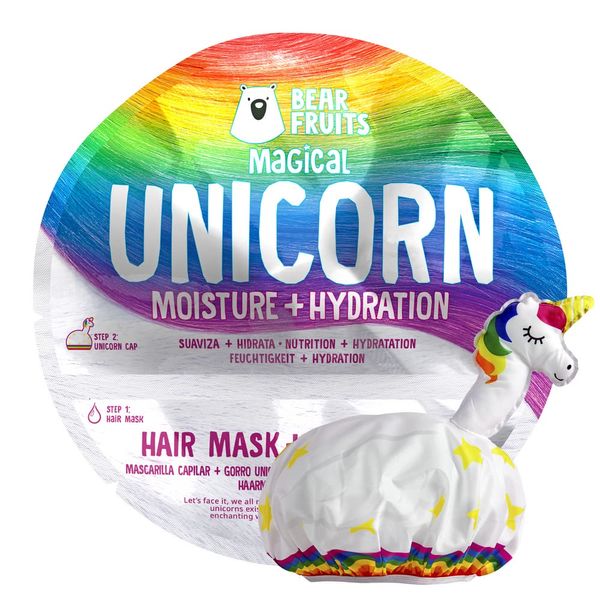 Bear Fruits Unicorn Hair Mask & Reusable Shower Cap, Stocking Filler, Secret Santa Gift for Women, For Dry, Damaged Hair, 20ml, Gifts for Women / Teens