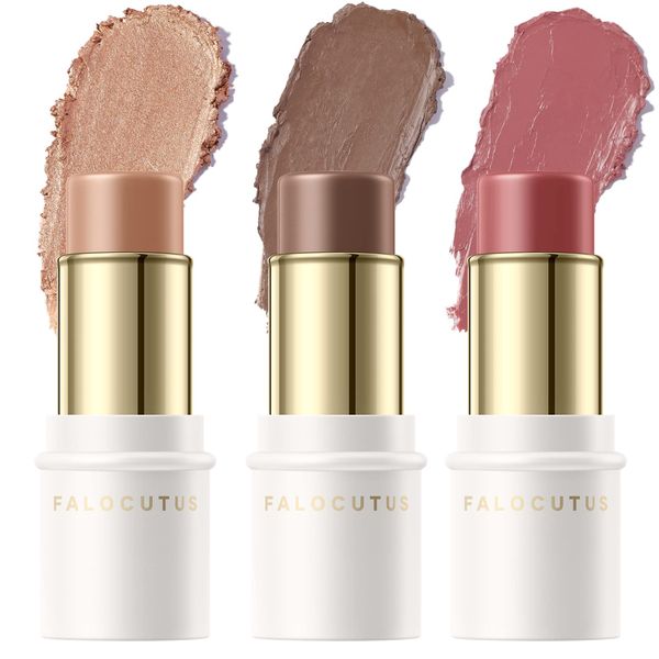 FALOCUTUS 3 Pcs MEDIUM-DEEP Contour Stick Set,Cream Blush & Highlighter Bronzer Pen,Long Lasting & Smooth Natural Face Contouring Illuminator,Professional Makeup Kit for All Skin