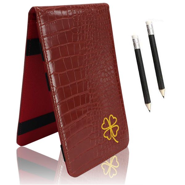 FINGER TEN Golf Scorecard Holder Leather Yardage Books Cover Lucky Clover with 2 Free Pencil Value Pack Deluxe Pocket Score Card Covers Gift for Men Women Golfer (Brown)