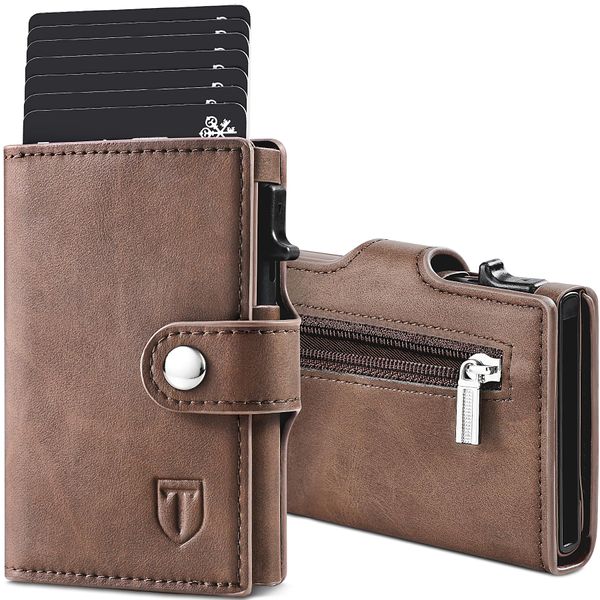 TENBST Slim Wallet mit Münzfach, Geldbörse Herren RFID Schutz, Kunstleder Portmonee Herren, Automatisches Pop-up-Kreditkartenetui, Braun, Classic