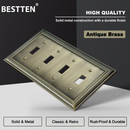 BESTTEN Aged Brass Metal Toggle Switch Cover, 4 Gang Zinc Alloy Antique Brass Light Switch Wall Plate, Corrosion Resistant