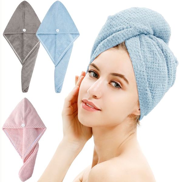 BellaCasa Essentials Microfiber Hair Towel, 3 Pack Ultra Absorbent Hair Turbans for Wet Hair, Low Friction Anti Frizz, Drying Hair Wrap Towels for Curly Hair Women (Blue,Grey,Pink)