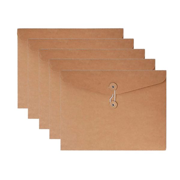 VANRA Kraft Paper File Folders A4 Envelopes Project Pockets Document Wallet Bag with String and Button Closure No Expansion, File Organisers for Business School Office A4/C4 (Kraft Brown 5 Packs）