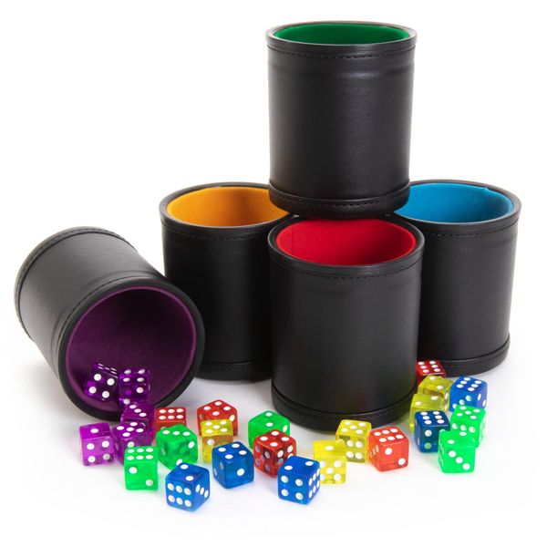 Brybelly Dice Set with Dice Shaker Cup - Perfect for Casino Dice Game - Dice Games for Family - Quality Leather Dice Cup - Poker Dice Shaker - Multicolor Dice Cups and 25 Multicolor Dice Sets