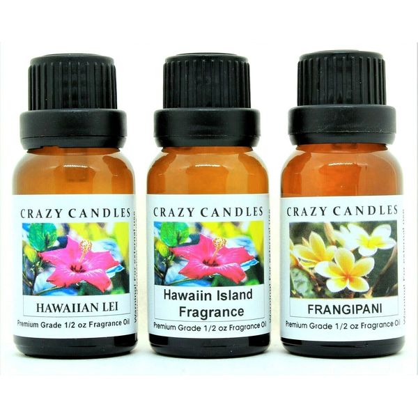 Crazy Candles 3 Bottles Set, 1 Hawaiian Lei, 1 Hawaiian Island Fragrance, 1 Frangipani (The Hawaiian Floral) 1/2 Fl Oz Each (15ml) Premium Grade Scented Fragrance Oils