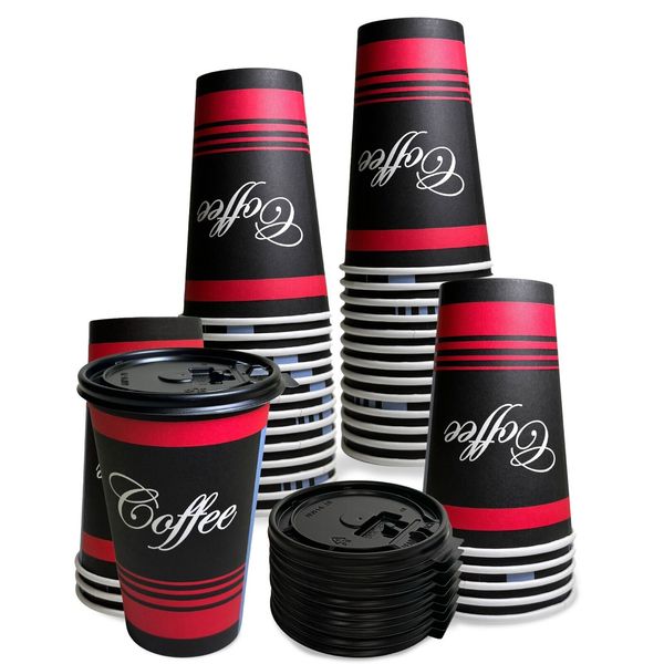 16oz Design Coffee Cups and Black Flat Lids Hot Cold Drinks Disposable 150pcs