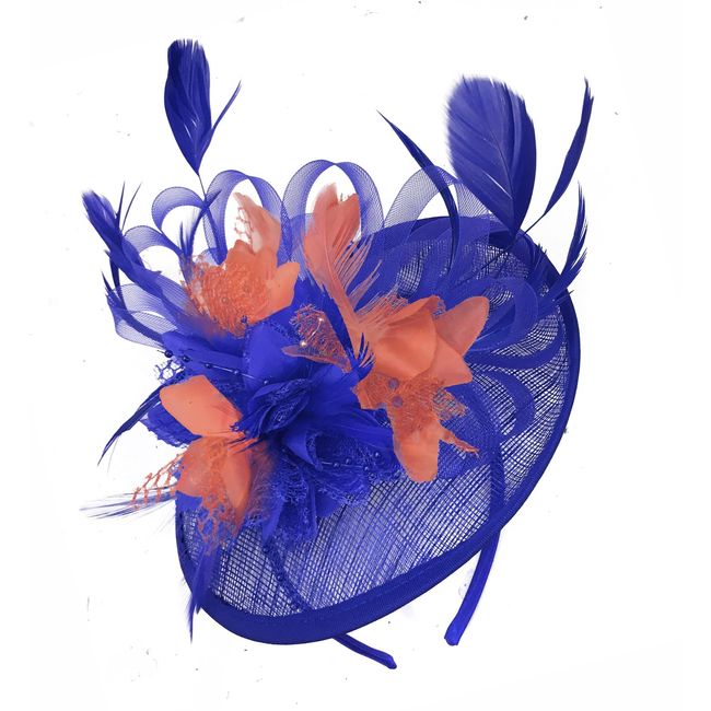 Caprilite Royal Blue and Coral Sinamay Disc Saucer Fascinator Hat for Women Weddings Headband