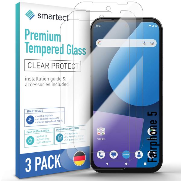 smartect Glass Screen Protector [3 Pieces, Ultra-Clear] for Fairphone 5, HD Protective Film Anti Scratch, Bubble Free, 9H Hardness, Ultra Resistant