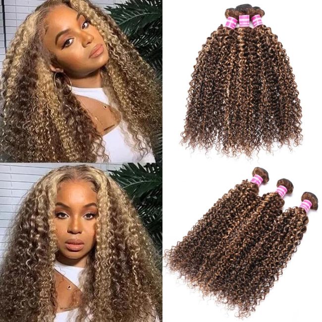 KLAIYI Ombre Highlight Honey Blonde Curly 3 Bundles Human Hair Weaves Virgin Hair Extensions 10A Brazilian Piano Brown Kinky Curly Bundle Double Wefts 100% Unprocessed Remy Hair for Women 14 16 18Inch