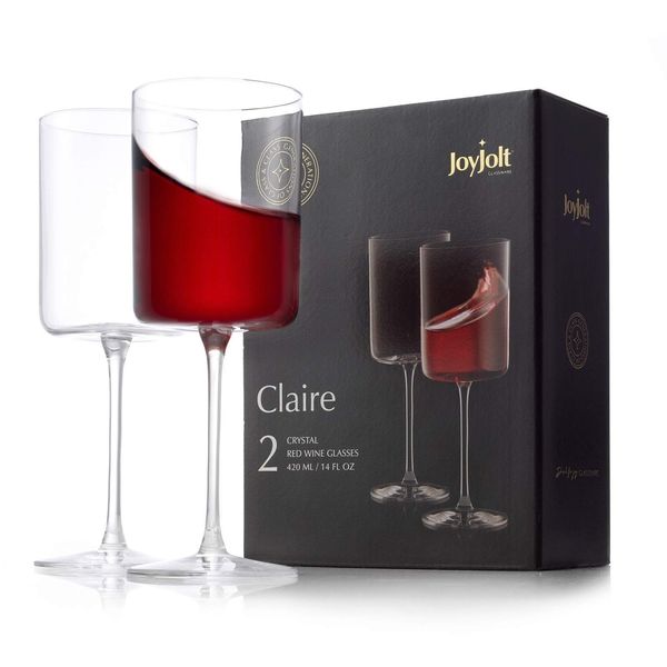 JoyJolt Claire 14oz Red Wine Glass Set. Large Glasses Set of 2 Crystal Glasses. Elegant Wide Rim Stemware - Modern with Stem. Stemmed for Unique Gifts