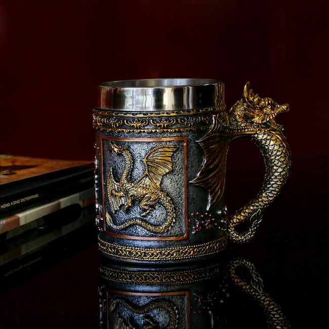 alikiki Medieval Dungeons and Dragons Coffee mug - 15.8oz Stainless Gold Roaring Dragon Beer Drink Mug for GOT Dragon Lovers Collector Ideal Novelty Gothic Father Day Gift Party Decoration