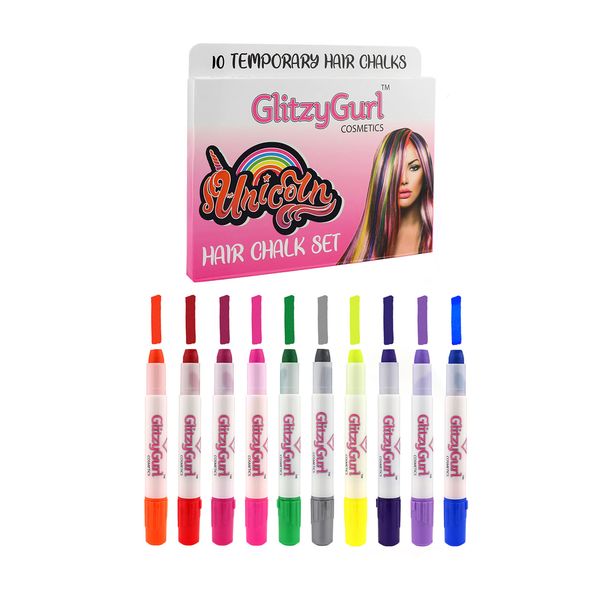 Premium Neon Hair Chalk Set by GlitzyGurl, 10 x Kind Temporary Non-Toxic Easy Washable Hair Dye Colourful Hair Chalks Set for Girls