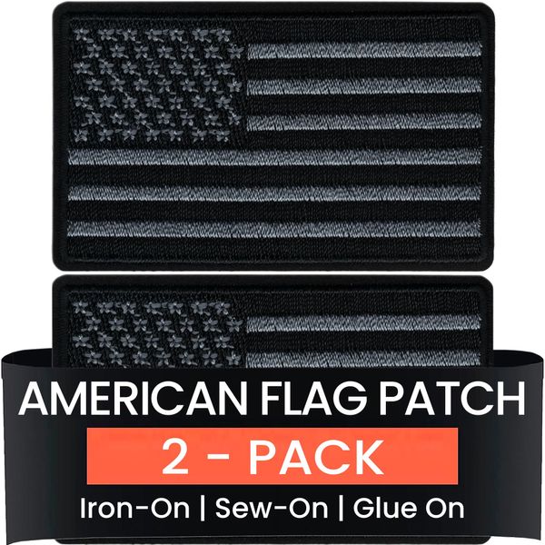 Black American Flag Patches (2-Pack) Iron On USA Patch Set of United States of America Flag, US Flag Patch, sew on for Hats, Clothing, Backpacks, and Accessories