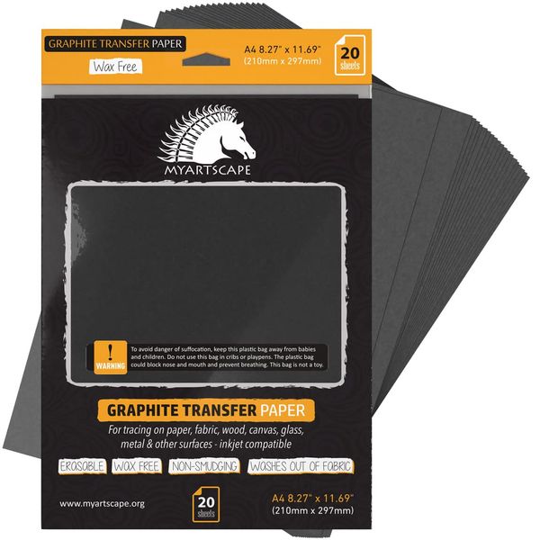 MyArtscape Graphite Transfer Paper, 20 Black Sheets - Wax Free - Erasable - Smudge-Free - Ideal for Drawing, Tracing and Watercolor Transfer - Premium Arts and Crafts Supplies