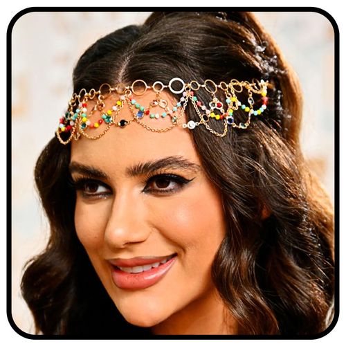 Banatra Boho Head Chain Gold Crystal Headband Layered Tassel Bridal Headpiece Beads Festival Hair Accessories for Women and Girls