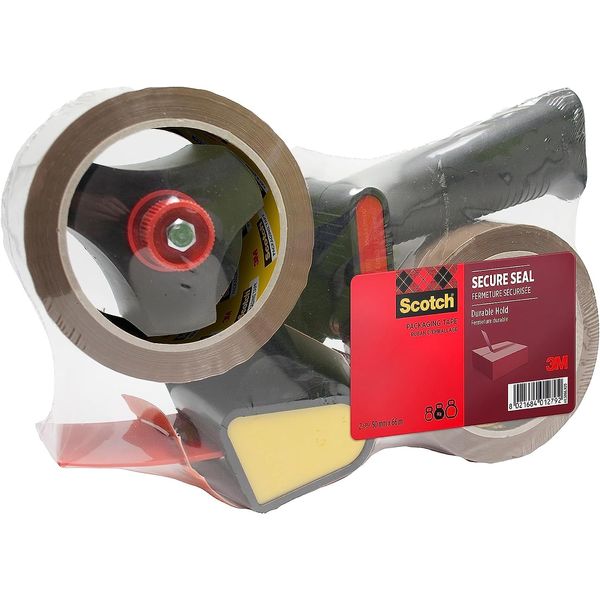 Scotch Pistol Grip Dispenser + Secure Seal Packaging Tape Brown 50 mm x 66 m 1 Dispenser + 2 Rolls/Pack - Ideal for Packing Boxes and Parcels