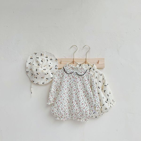 Baby Girl 1pcs Ditsy Flower & Cherry Pattern Doll Neck Long Sleeves Bodysuit - 73 (6-9M) / Apricot