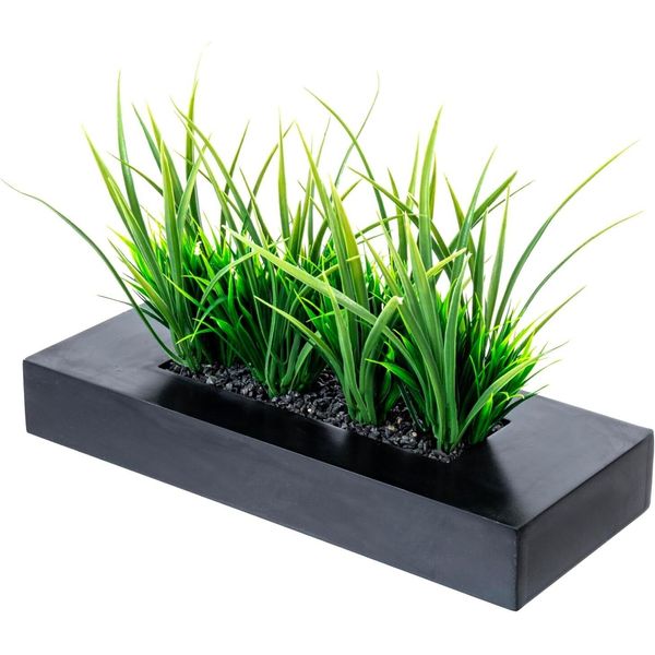 Artificial Green Grass Plants in Black Wood Planter, Tabletop Plant Container