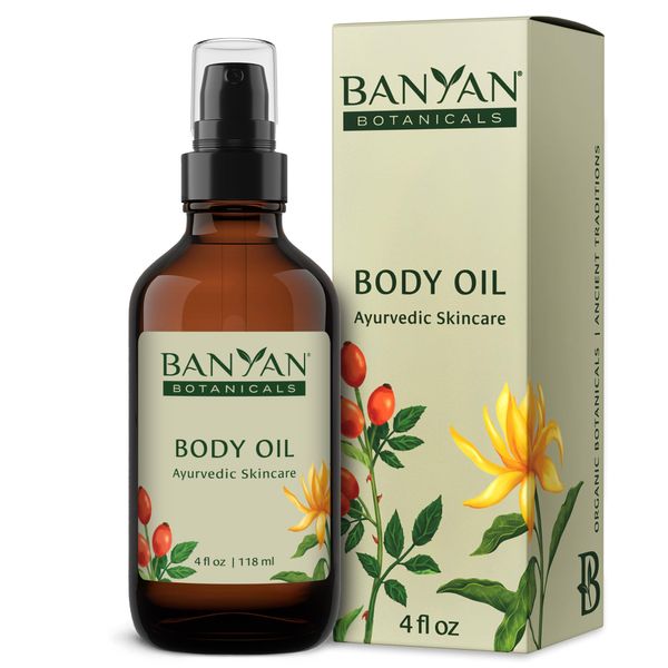 Banyan Botanicals Body Oil – Lightweight & Non-Greasy Body Oil – Ayurvedic Skin Care with Organic Jojoba Oil & Herbs for Soft, Smooth Skin – 4 oz – Non-GMO, Cruelty Free, Paraben Free Massage Oil