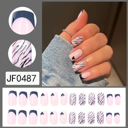 SINLOV Short Square Fake Nails Cuore Lucido Stampa su Unghie False Rosa Nude Ballerina Artificiale Finger Nails Francese Copertura Completa Unghie False per Donne e Ragazze...