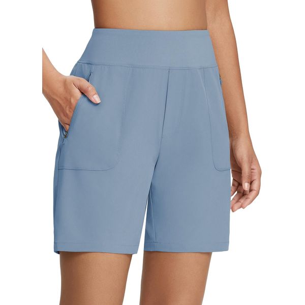 BALEAF Sporthose Damen kurz 7" Laufhose kurz Sportshorts mit Handytasche Sommershorts Schnelltrocknend Bermuda Shorts Knielange Running Shorts high Waist Trainingsshorts Gym Outdoor Blau XL