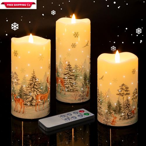 Forest Deer Fiber Optic Flameless Pillar Candles with Remote, Flickering Christm