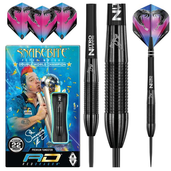 RED DRAGON Peter Wright Snakebite 3: 22g Tungsten Darts Set with Flights and Stems