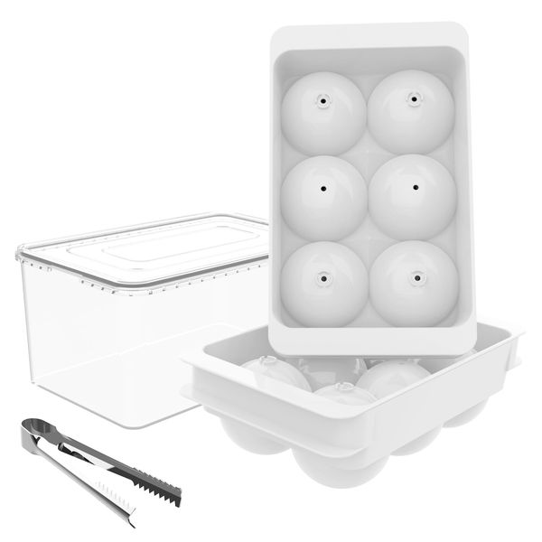 WIBIMEN Large Ice Cube Tray, 2IN Whiskey Ice Mold, 2 Pack Sphere Ice Cube Mold with Bin&Tong, Leak-free Round Ice Cube Mold, Easy Fill & Release Ice Ball Maker for Whiskey Cocktails Bourbon(White)