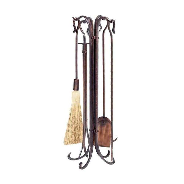 Antique Brushed Copper Finish 5-Piece Fireplace Tool Set w/Shephard's Crook Hand