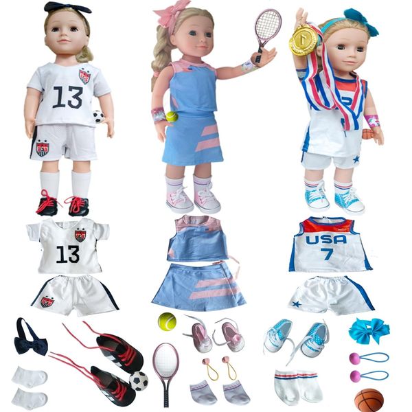 18 inch American Doll Clothing Accessories, USA Team Girls Soccer, Basketball, Tennis Clothing Sets, Competition Training Doll Clothes kit, Dolls are not Included (Football, Basketball, Tennis)