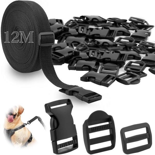 12m Gurtband mit Schnalle Set Gurtband 25mm mit 12 Paare Schnallen und Verschlüsse Nylon Gurtbänder Einstellbare Steckschnalle Klickverschluss für DIY Rucksack Gepäckgurten Tasche Befestigung Gurt