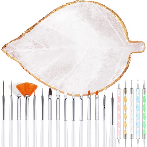 21 Pieces Nail Tools Kit, Resin Nail Palette Leaf Shape Mixing Palette and 20 Pieces Nail Design Brushes Golden Edge Resin Nail Holder Nail Gel Polish Colors Mixing Pallet (White)