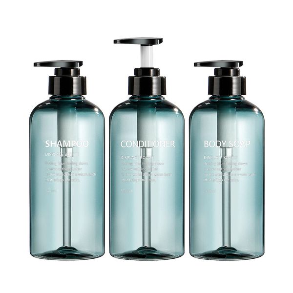 3 Pack 500ml Empty Shampoo Bottles Soap Dispenser Bottle with Pump 17 Ounce Refillable Body Wash Shampoo and Conditioner Bottles Blue Plastic Pump Bottle Dispenser for Bathroom