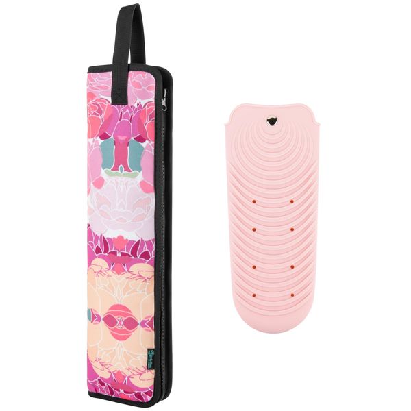 Beautyflier Set of 2 Curling Iron Travel Case, Canvas Heat-Resistant Flat Iron Holder Case, Straightener Travel Case and Silicone Mat for Hair Tools for Travel, Gym or Daily Use (16.5IN, Pink Flower)