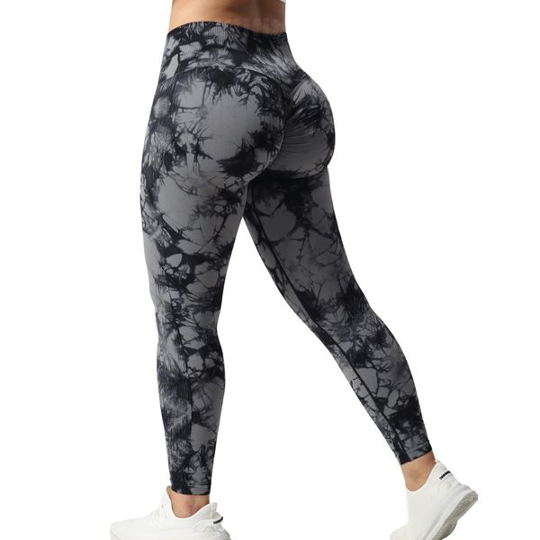 Yiifit Tie Dye Sports Leggings Damen Scrunch Butt High Waist Push Up Gym Fitness Workout Leggings Schwarz Grau, Medium