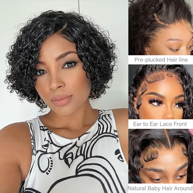 Tinashe Short Curly Pixie Cut Bob Wigs Human Hair Glueless Short Curly Bob Wig Pre Plucked 13X4 Lace Front Wigs Human Hair Pixie Cut Lace Front Wigs For Black Women (10inch, Pixie Cut Bob Wig)