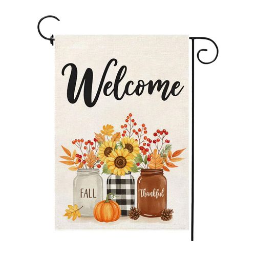Fall Sunflowers Pumpkins Garden Flag 12x18 Inch Double Sided Small Burlap Welcome Autumn Floral Mason Jar Holiday Flag for Outside Yard Decor