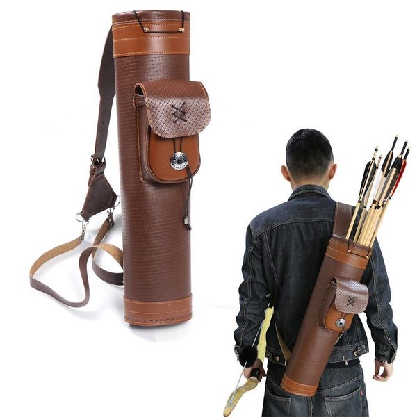 TOPARCHERY Traditional Shoulder Back Quiver Bow Leather Arrow Holder with Large Pouch Handmade Straps Belt Bag Brown