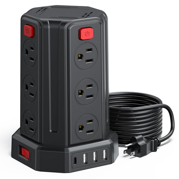 Power Strip Surge Protector, 10 Ft Extension Cord with 12 AC Multiple Outlets 4 USB (1 USB C), SMALLRT Power Tower Desktop Charging Station, Home Dorm Room Office Essentials, Desk Accessories Black