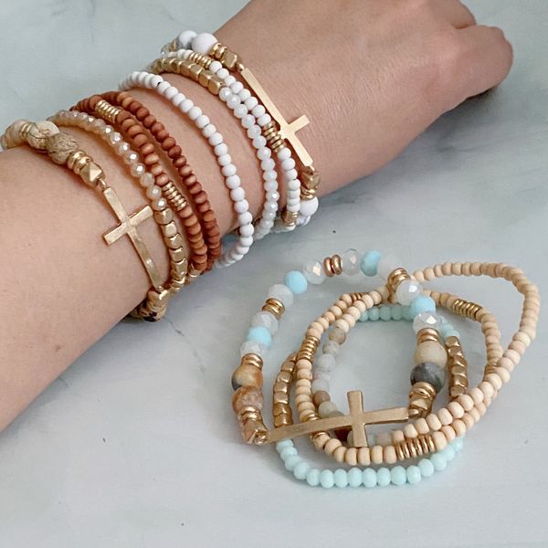 Set Of 4, Stone And Wooden Beads Bracelet - White Marble