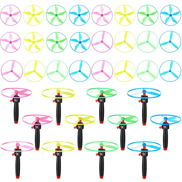 kymqlyw 36 Pcs Flying Saucer Flying Disc Toy Helicopter Toy Disco Flyers Include 12 String Launchers and 24 Flying Saucer Flying Disc Launcher Flying Toys Little Teens Outdoor Activity Birthday Favors