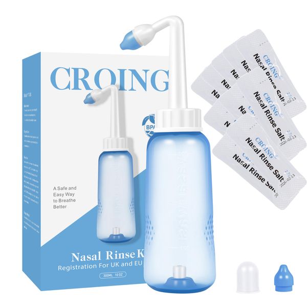 CROING - 𝙉𝙖𝙨𝙖𝙡 𝙍𝙞𝙣𝙨𝙚 -120 x Sinus Rinse Mix + 1x Nasal Wash Bottle (300ml), Nasal Rinse Sachets Kit, Neti Pot Salt, Nasal Irrigation, Nasal Douche,Sinus Relief, Neti-Pot