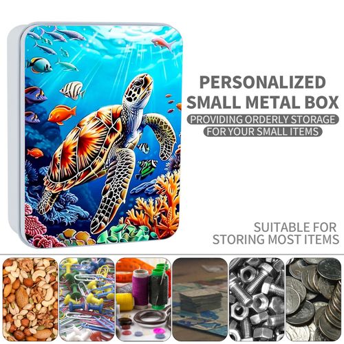 ETLKJVBL Metal Tin Box Sturdy Metal Storage Box with Lid, Sea Turtle Large Container Holder for TCG Cards, Car Keys, Cookies, Tin Containers for Gift, 5.0x3.7x1.6 Inch, Exquisite Pattern Design