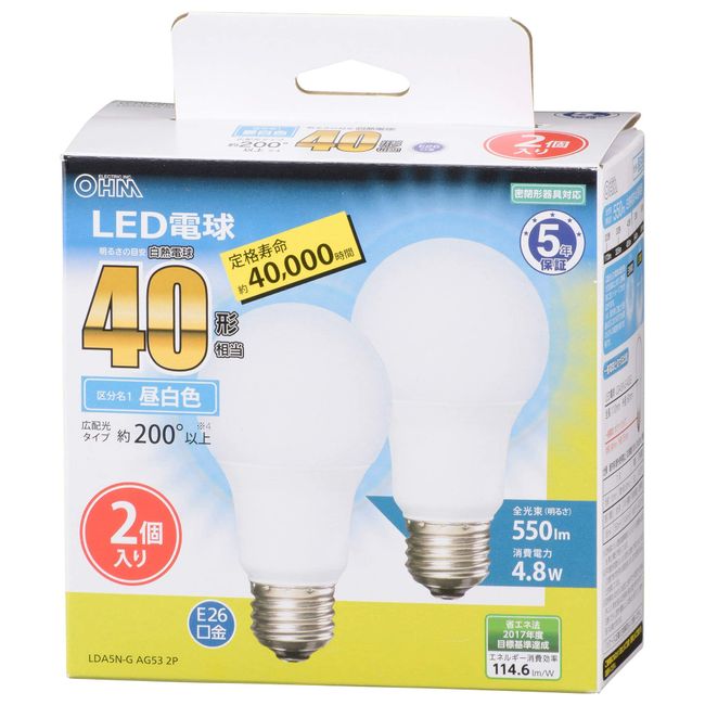 Ohm Denki LDA5N-G AG53 2P 06-3298 LED Bulb, E26 Type 40 Equivalent, Wide Light Distribution, Daylight White, Pack of 2